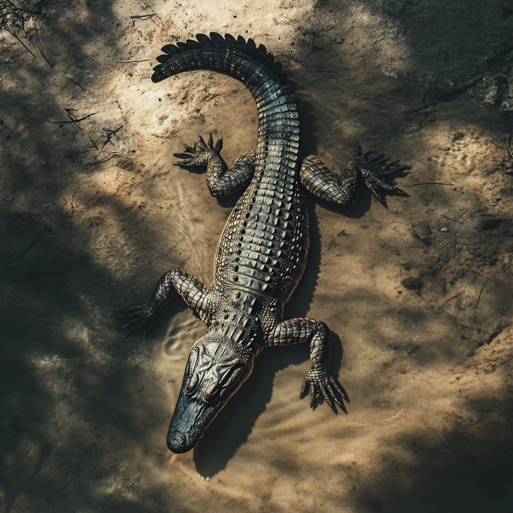 Crocodile swimming with shadow