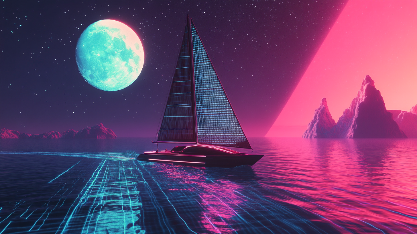 Sailboat sailing on retro sea