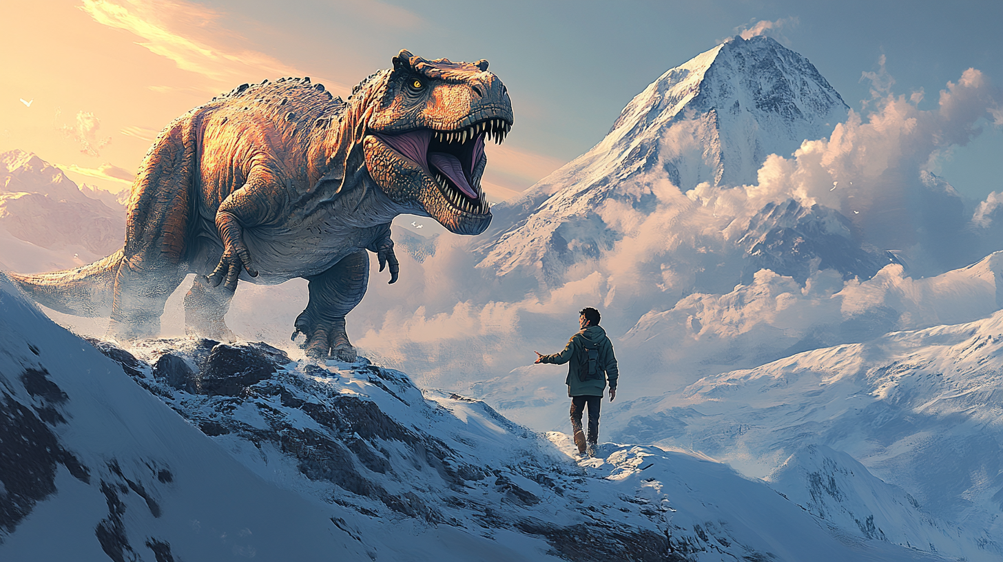 T Rex and Guy Walking Happily