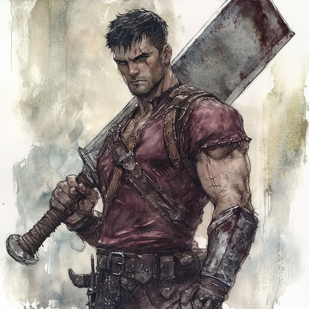 Muscular fighter with greatsword watercolor