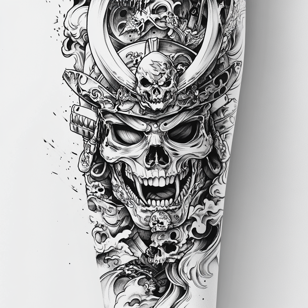 Detailed Samurai Mask Tattoo Design