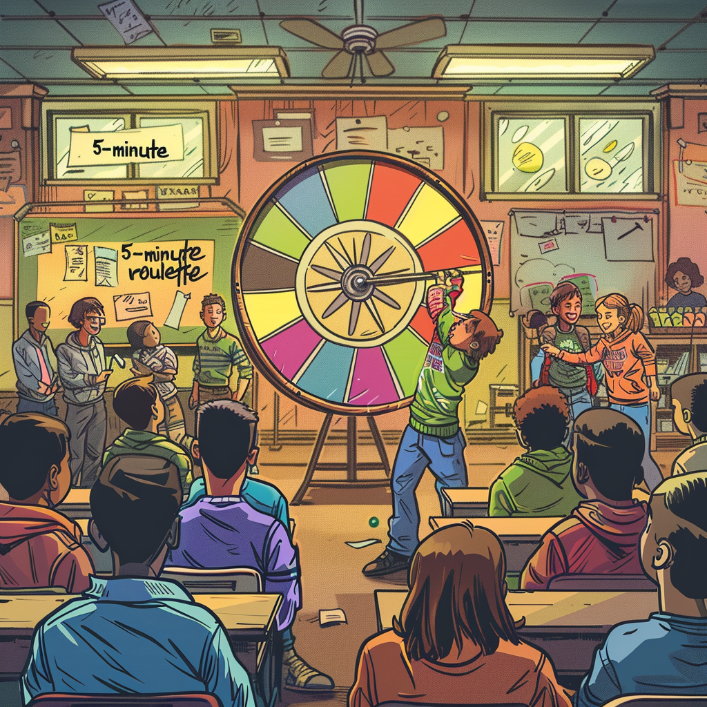 Teacher spinning colorful roulette in classroom