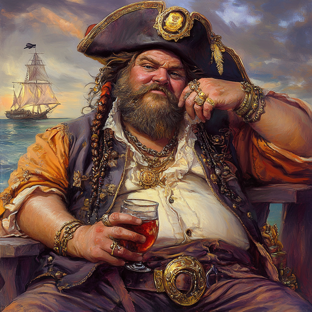 Portly Pirate Drinking on Dock