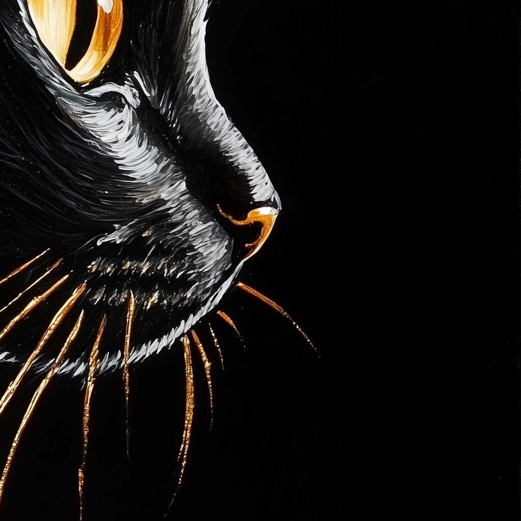 three-colored cat painting on black background with gold detail.