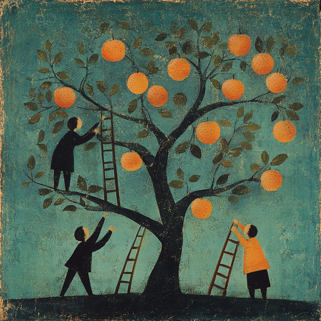 Three people reaching fruit on tree