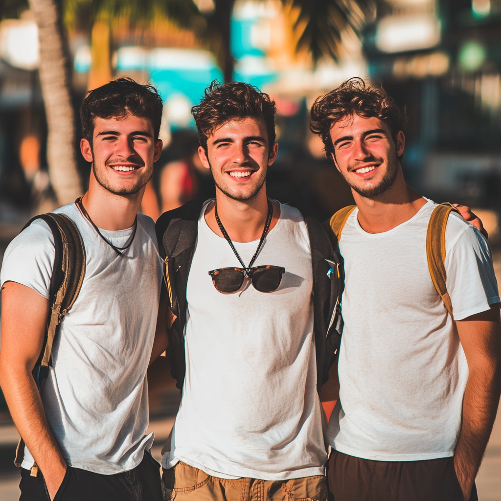 Shaved Tourist Friends Standing Together