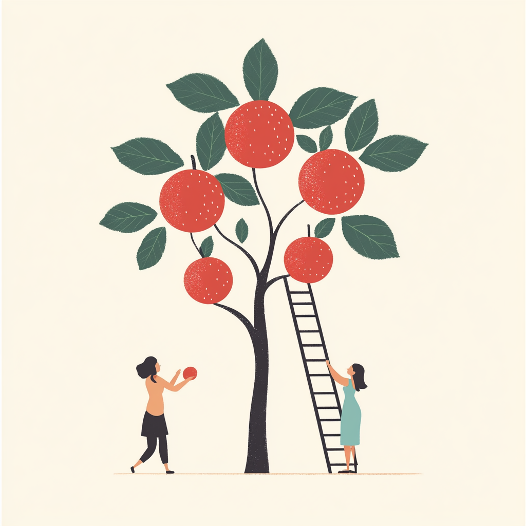 Three People Reaching Fruit Tree Cartoon