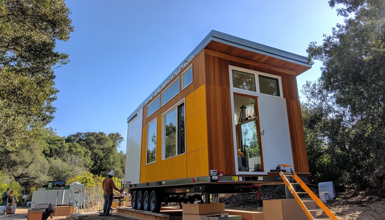 Person leveling tiny house blocks