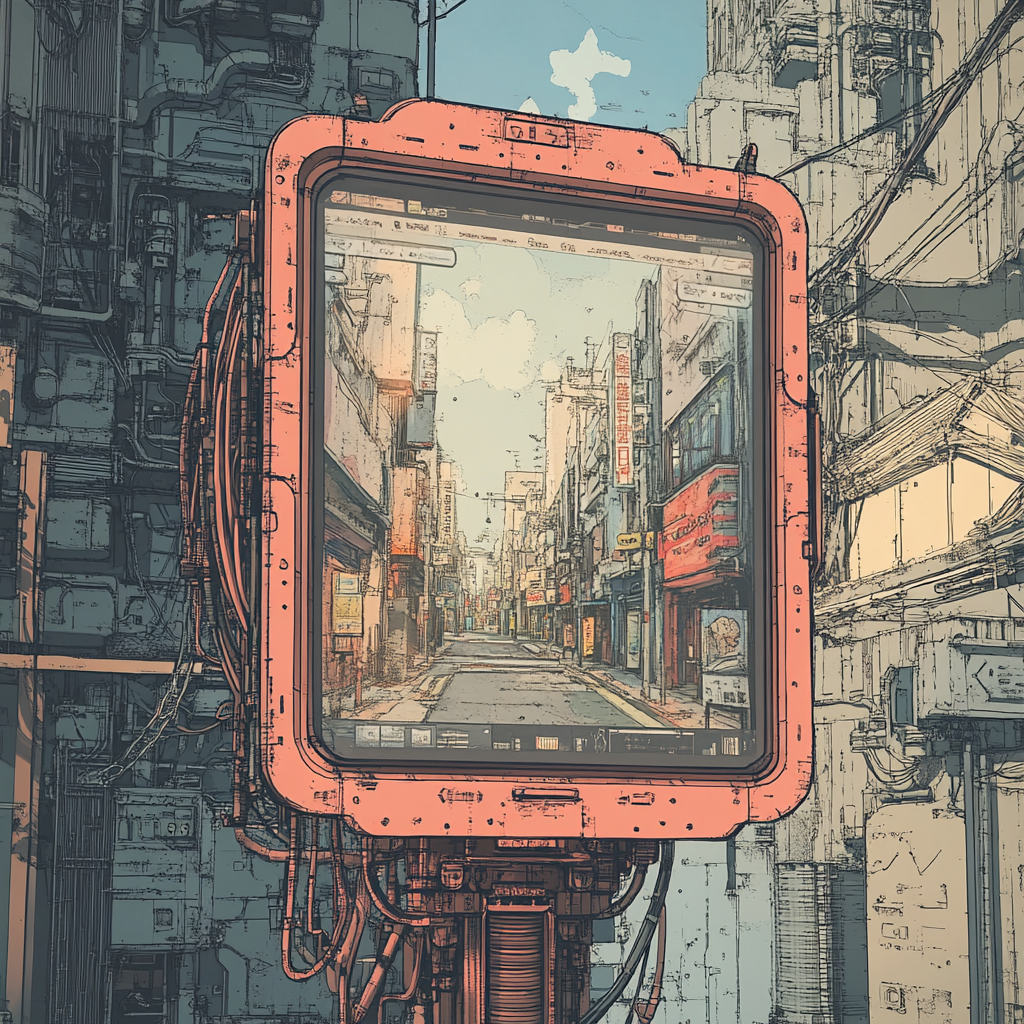 touchable screen with mechanical background displaying streetscape picture words