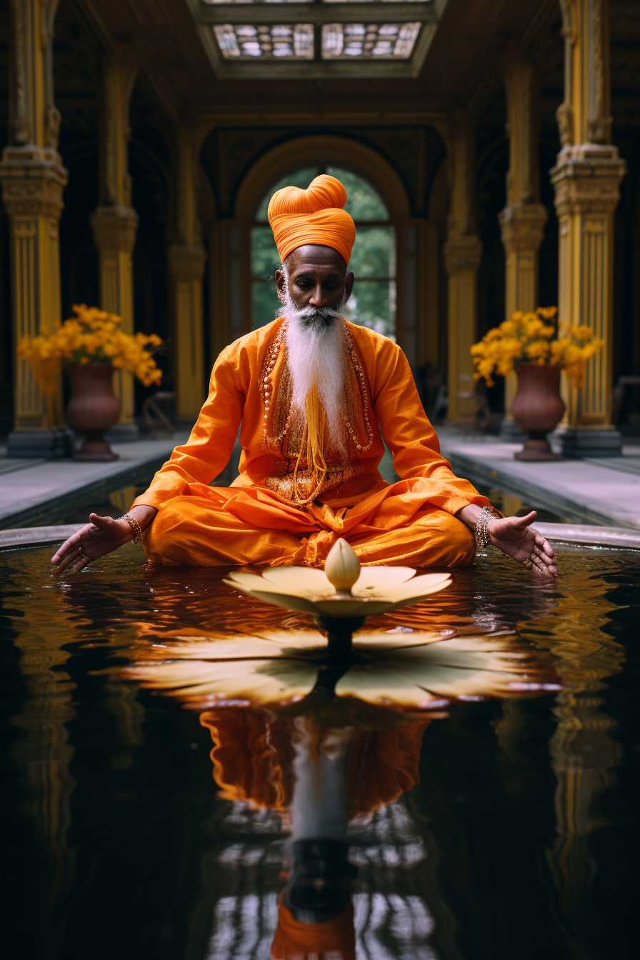 Indian saint placing fire bowl