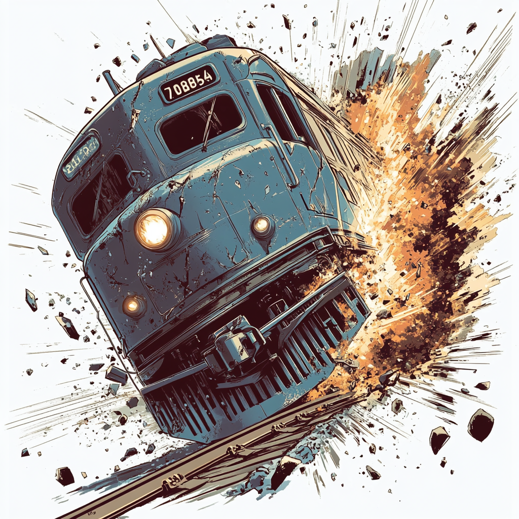 Train logo smashing through obstacle