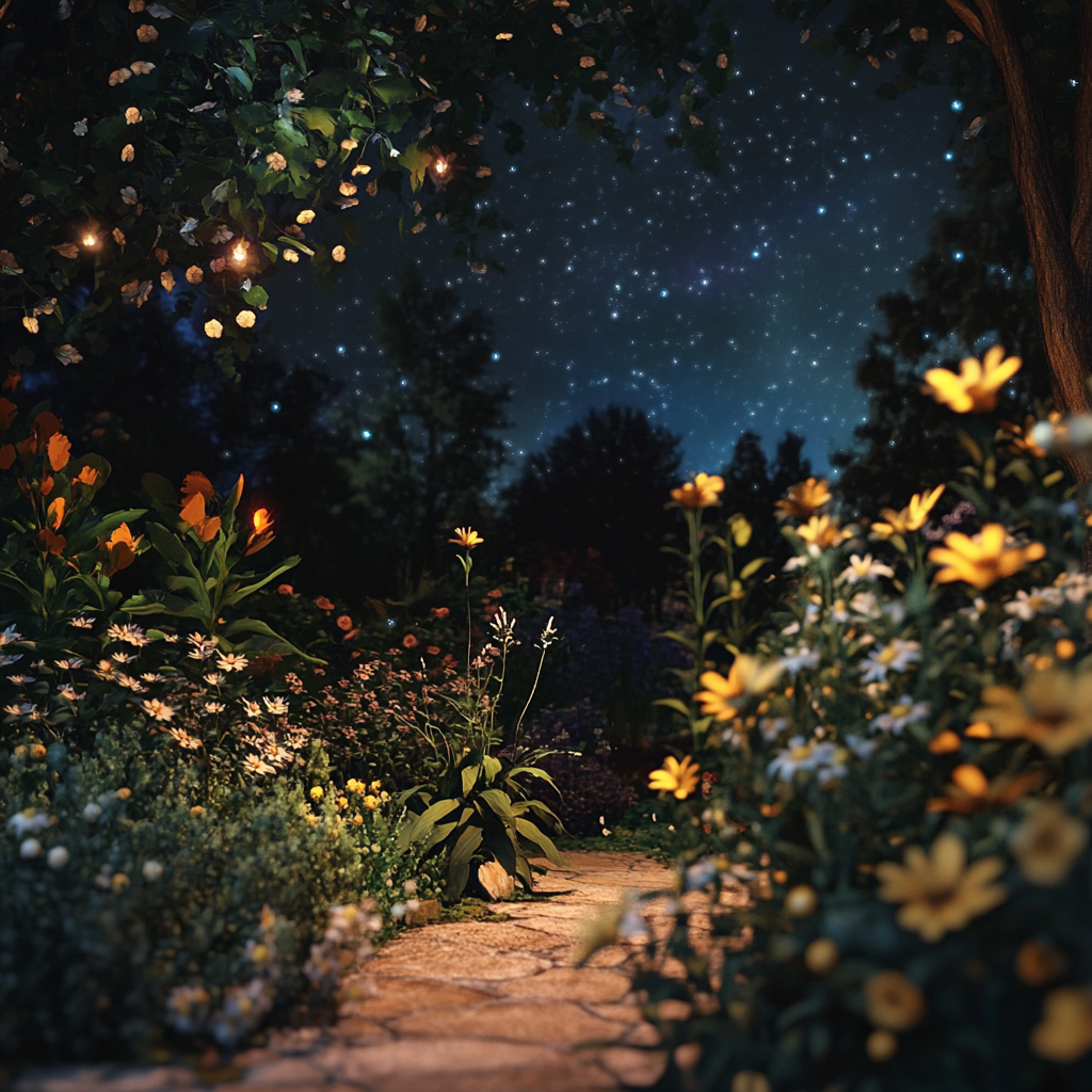 Tranquil garden under moonlight stars