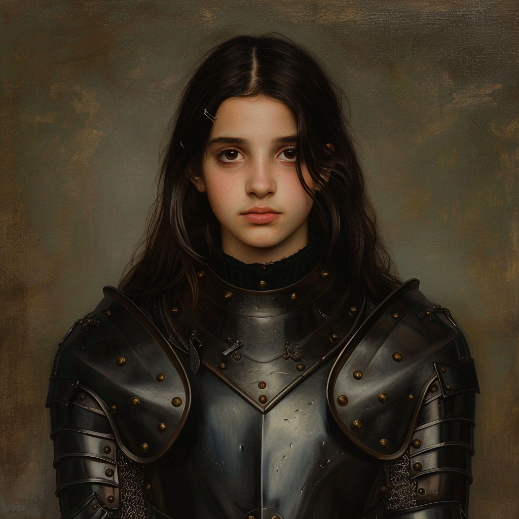 transgender girl in full plate mail armor portrait