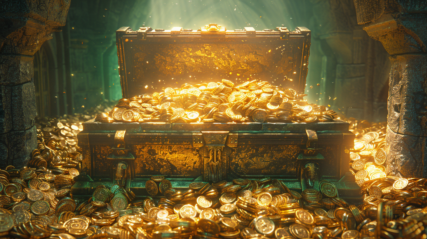 Gold coins and jewels treasure chest