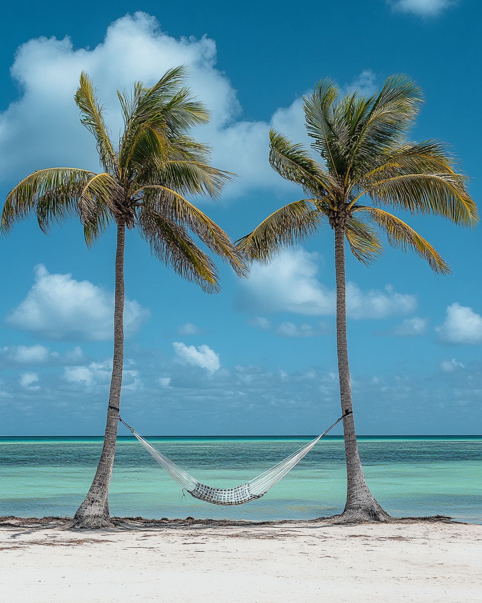 Hammock between palm trees on beach