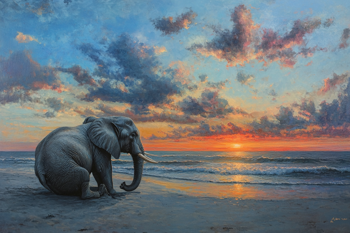 Elephant on Seaside at Sunrise