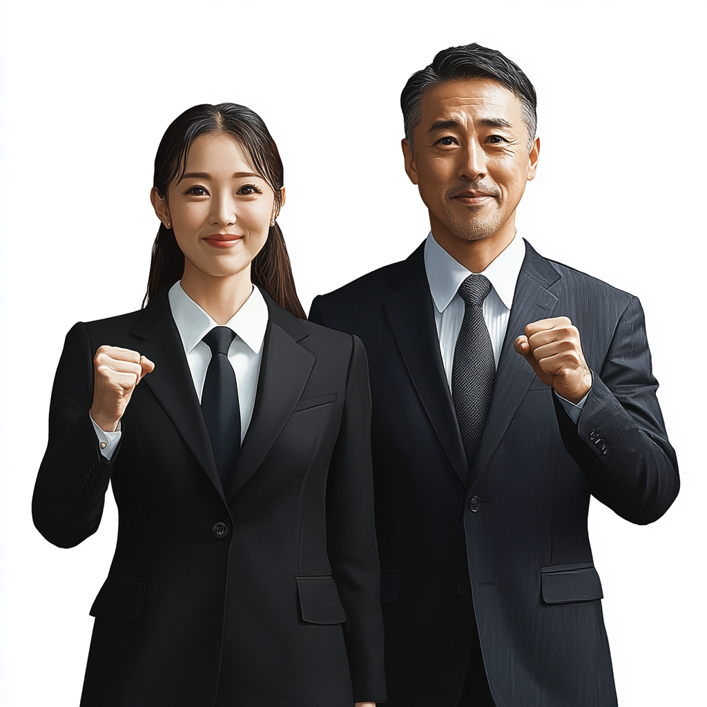 two Japanese businesspeople celebrating success with fist pumps