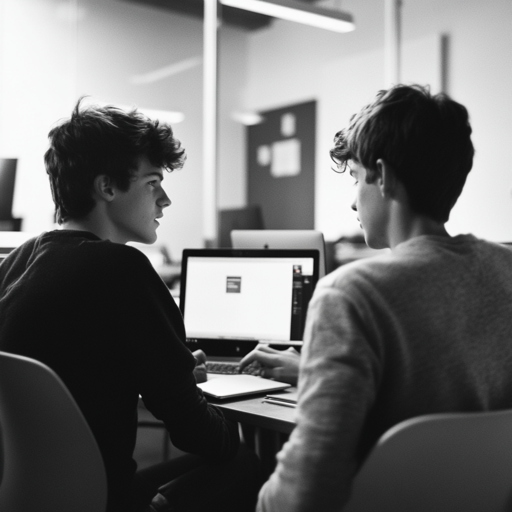 Two Men Chatting Laptop Office