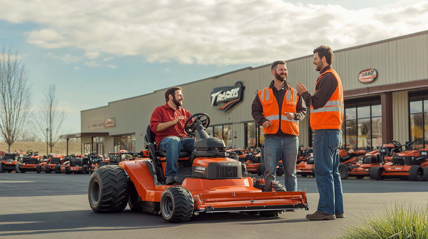 Two men at lawn mower store