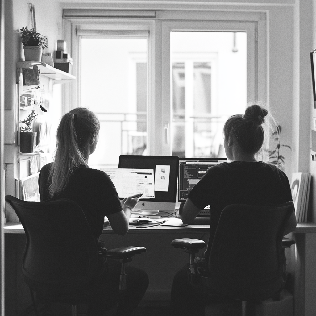 Two women discussing work at office desk