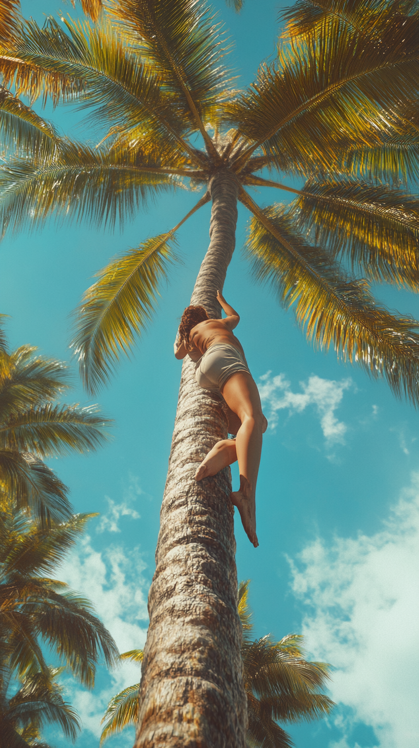 Woman hanging from palm tree