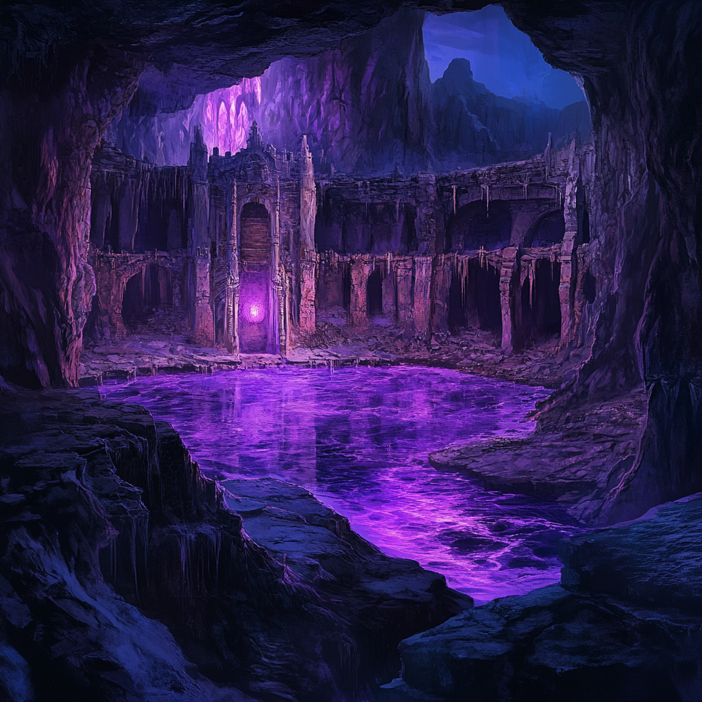 purple bioluminescent underground temple lake