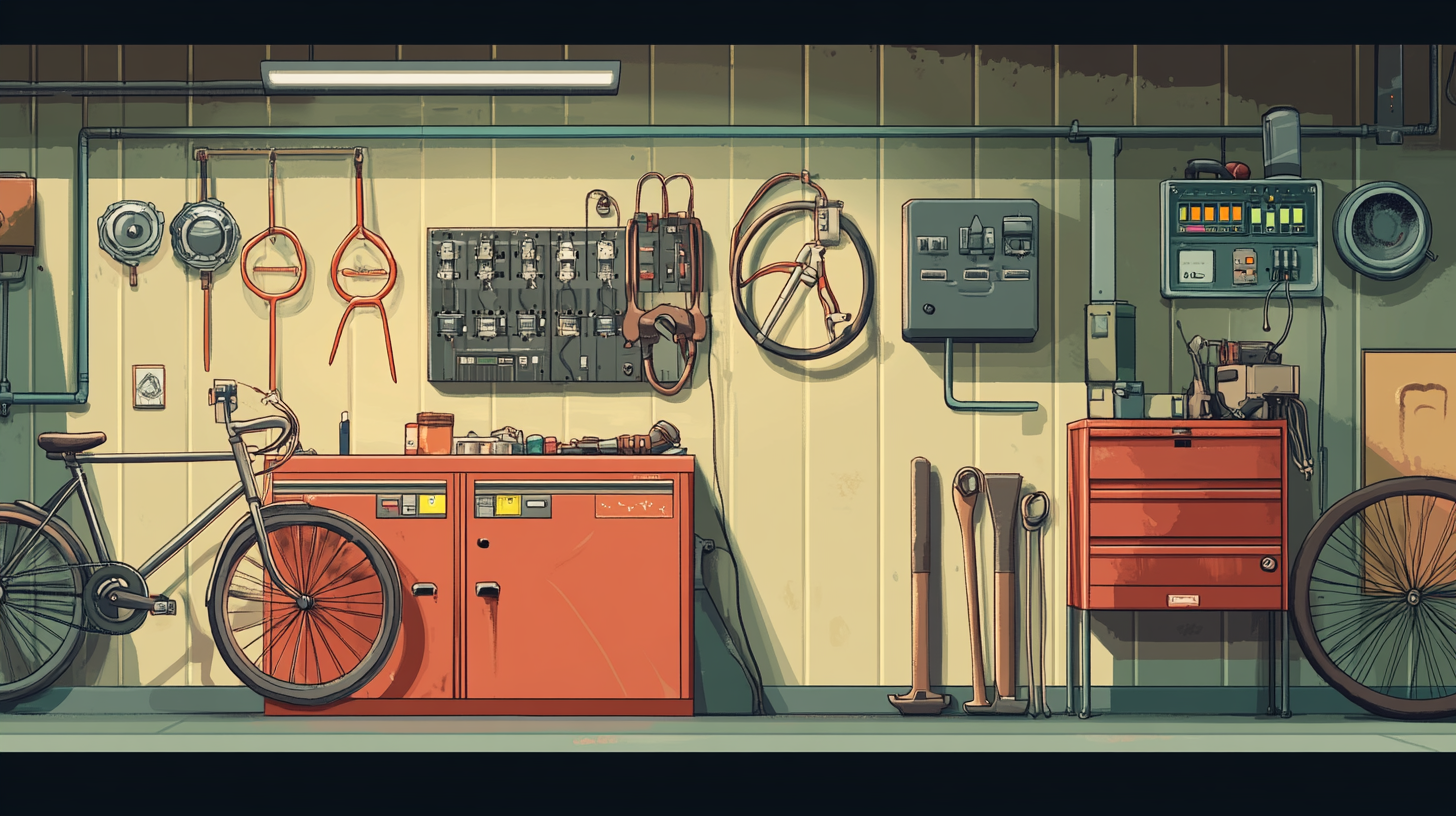 Underground garage with tools and bicycle