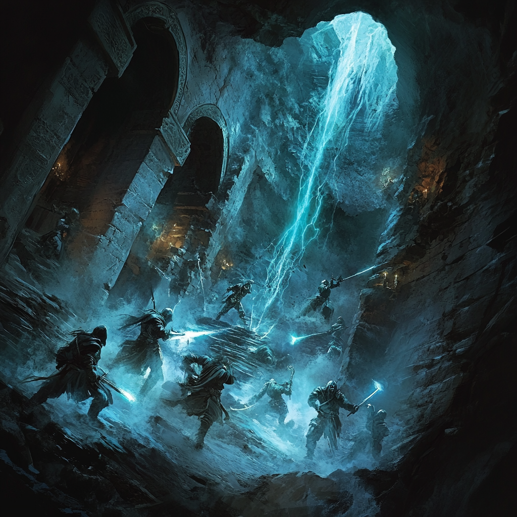 Adventurers battling hobgoblins underground passage