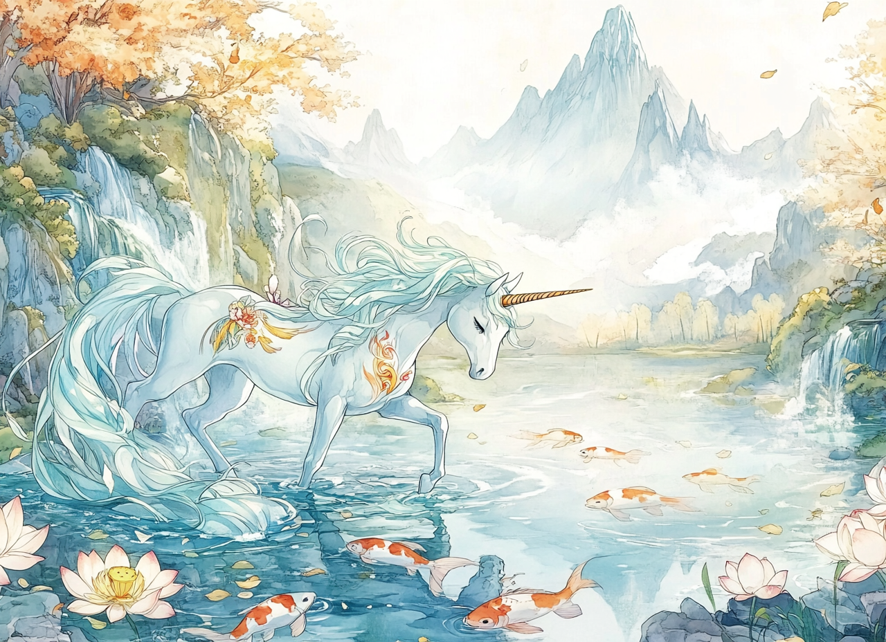 Elegant unicorn reflection in tranquil river