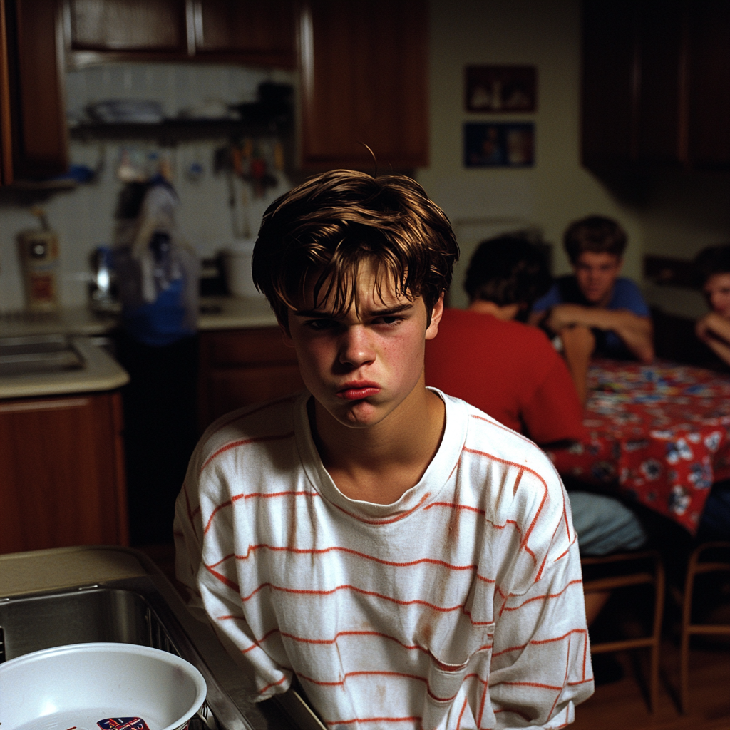 upset teenager unloads dishwasher, friends play card games nearby.