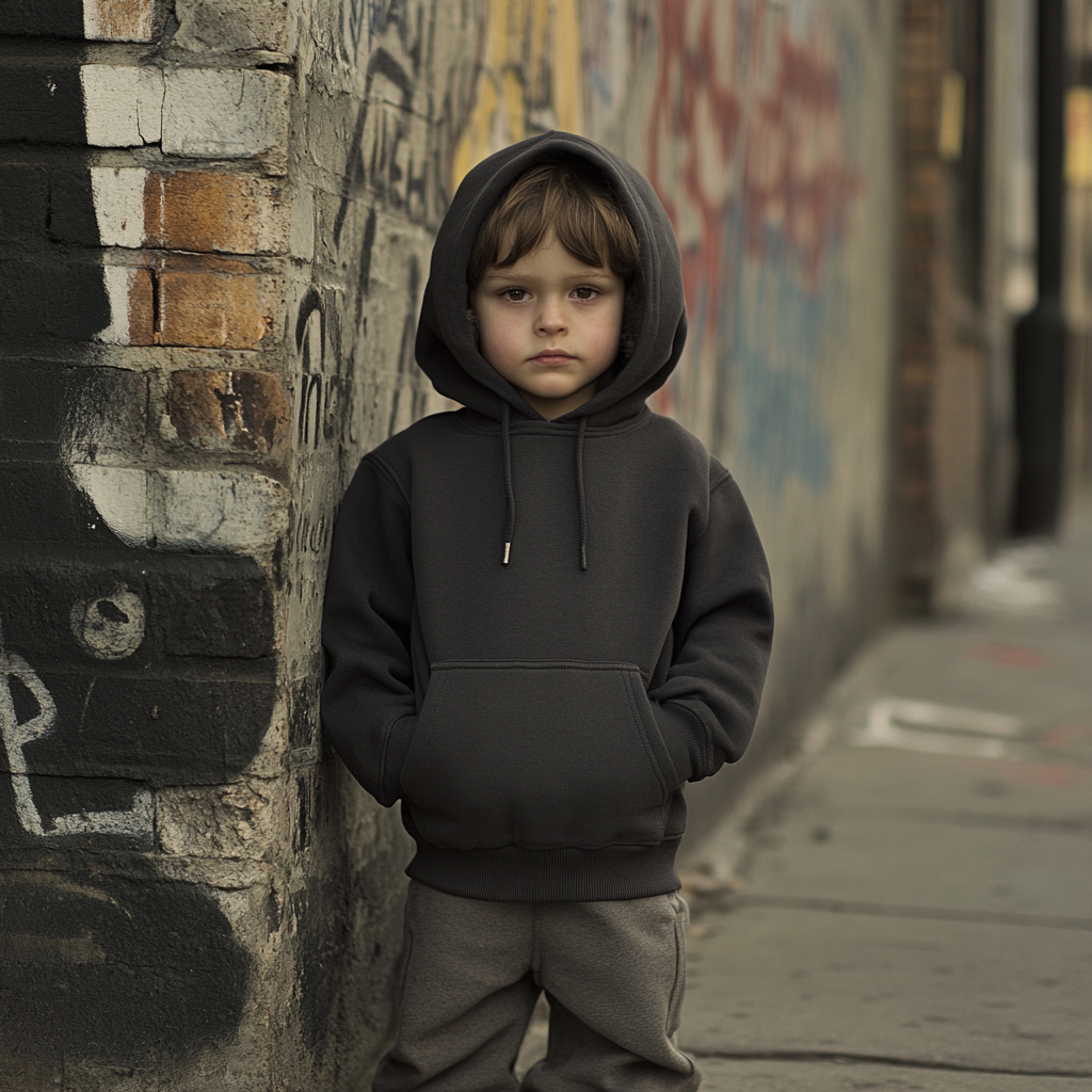 Child in casual hoodie urban setting