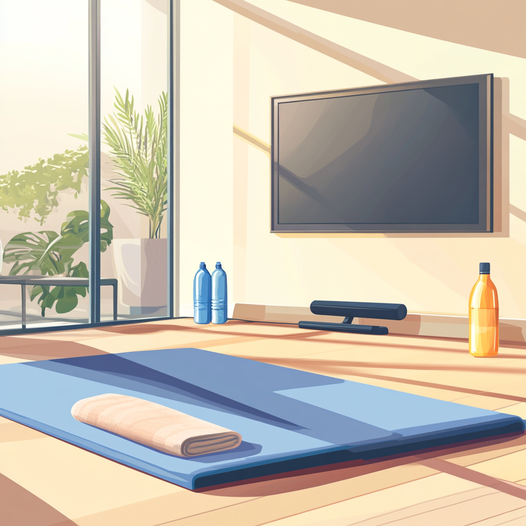 vector style living room scene with exercise equipment.