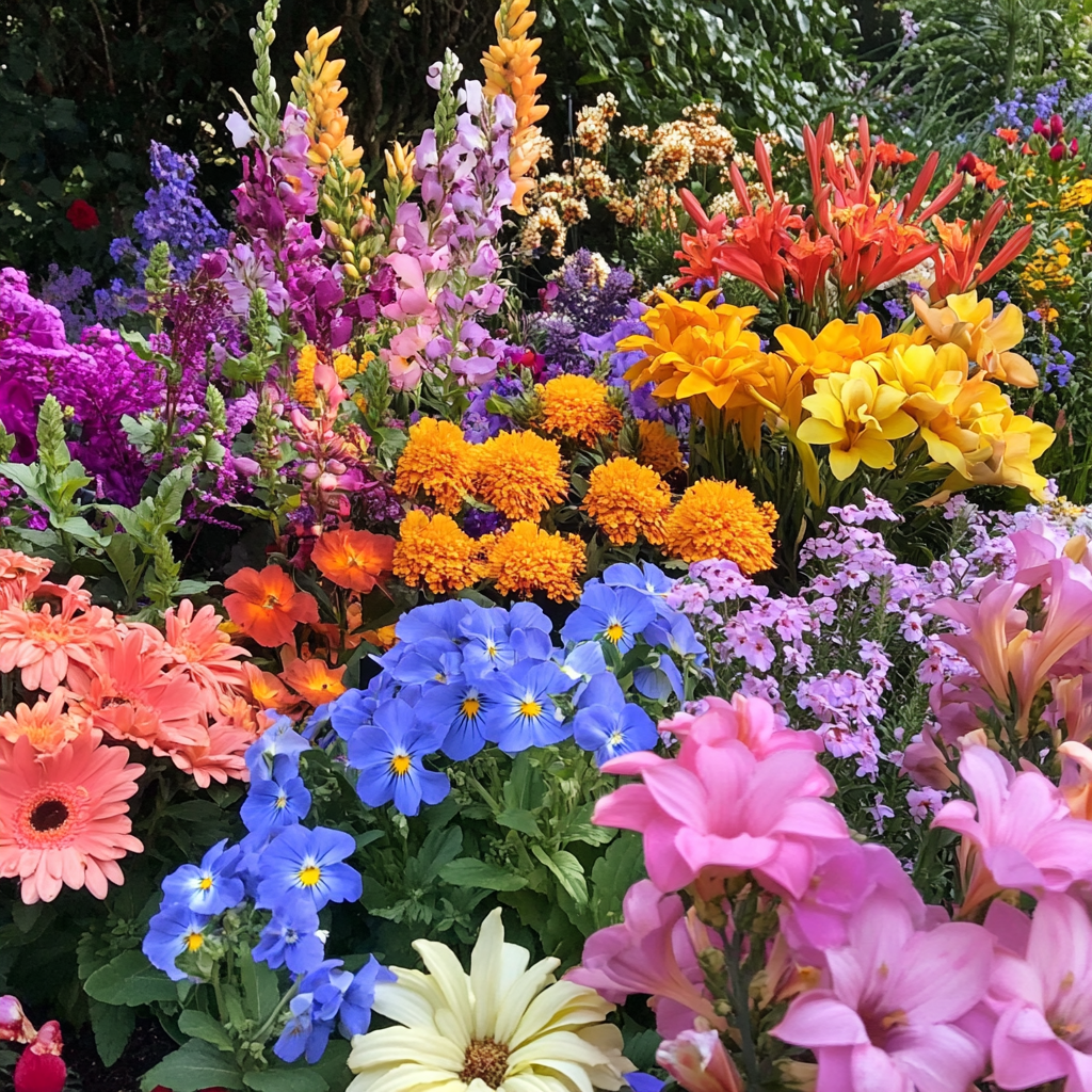 Vibrant Rainbow Flowers Garden Scene