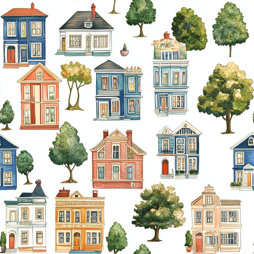 Illustration of Victorian Houses and Trees