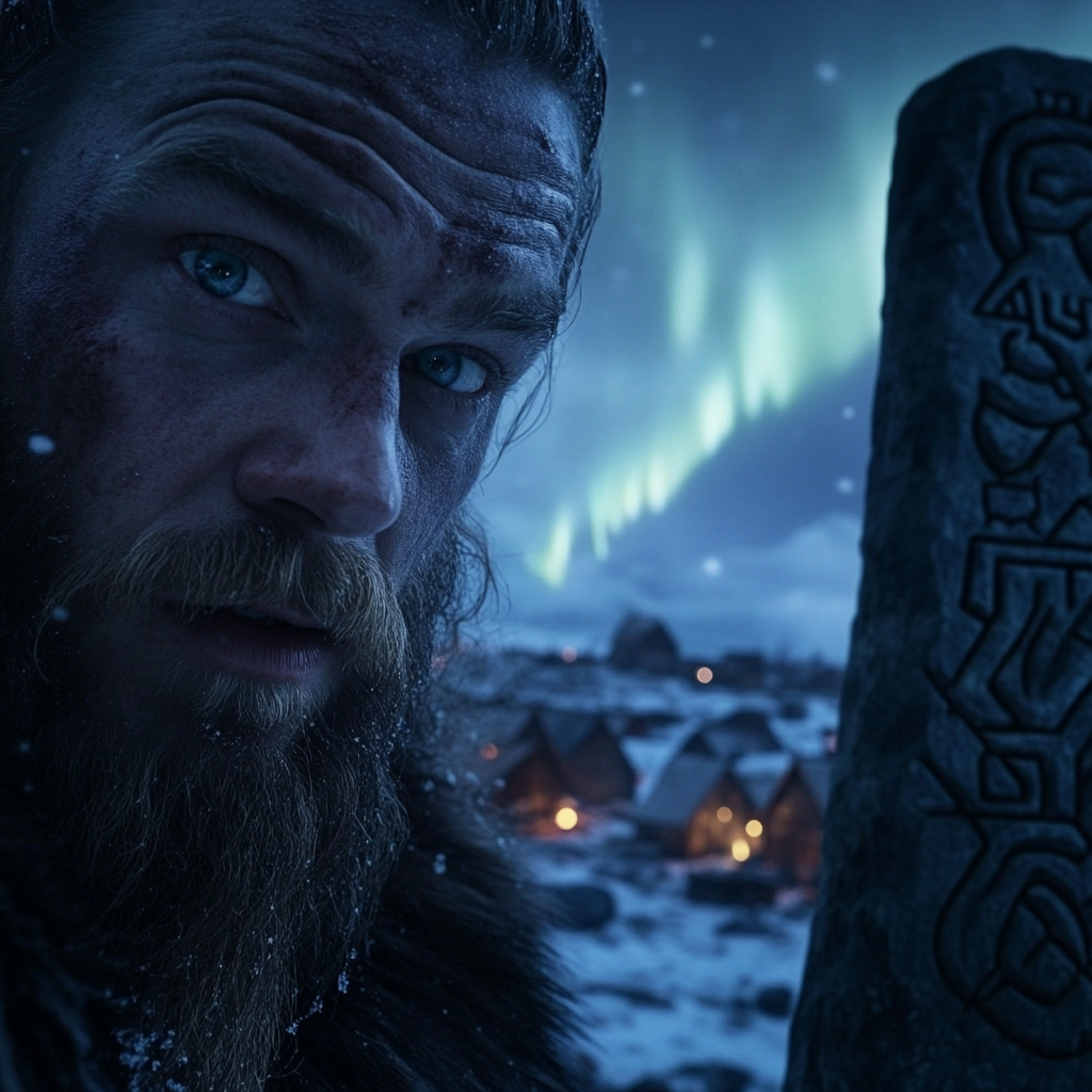 Viking warrior snowy landscape stone runes