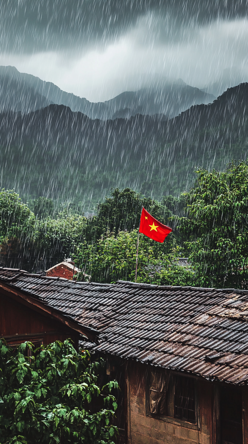 village rooftops covered in raindrops with Vietnamese flag fluttering