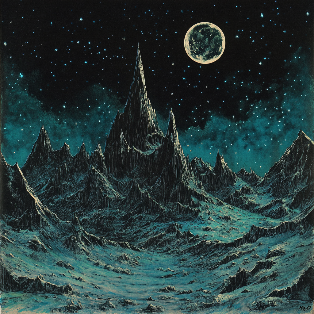 Fantasy mountain range under night sky