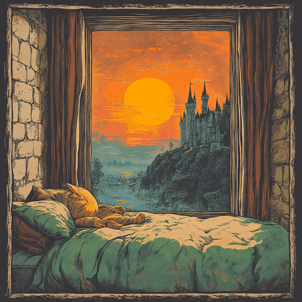 vintage fantasy gnome sunrise castle