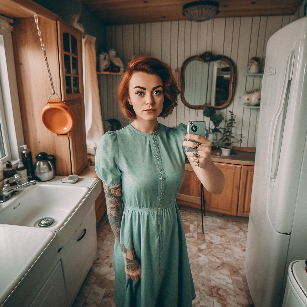 Influencer mom in vintage dress with fishing rod