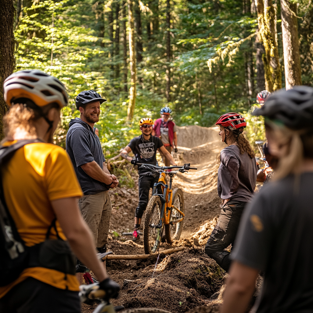 Group of volunteers building mountain bike trail