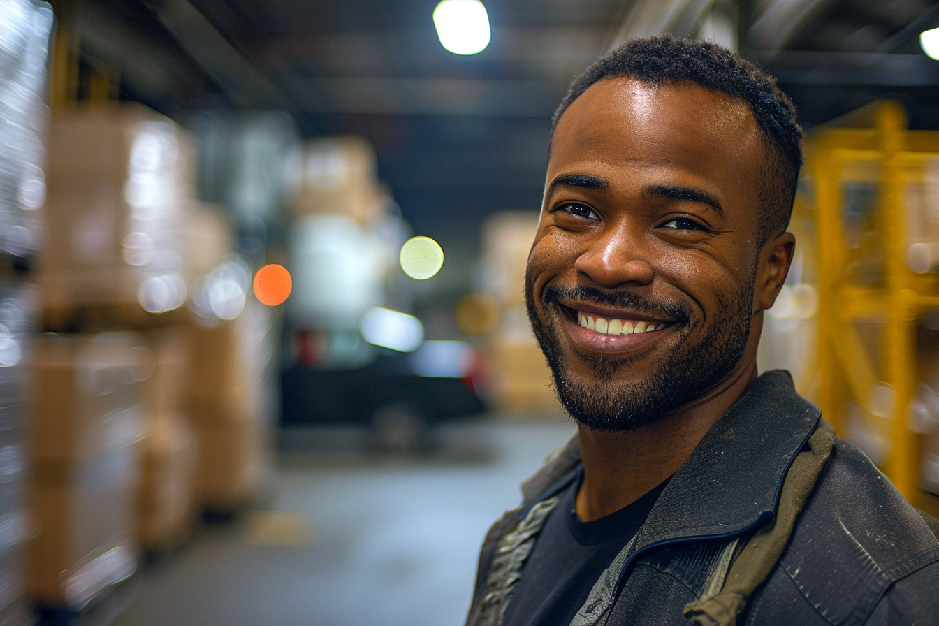 Man Smiling in Warehouse Setting