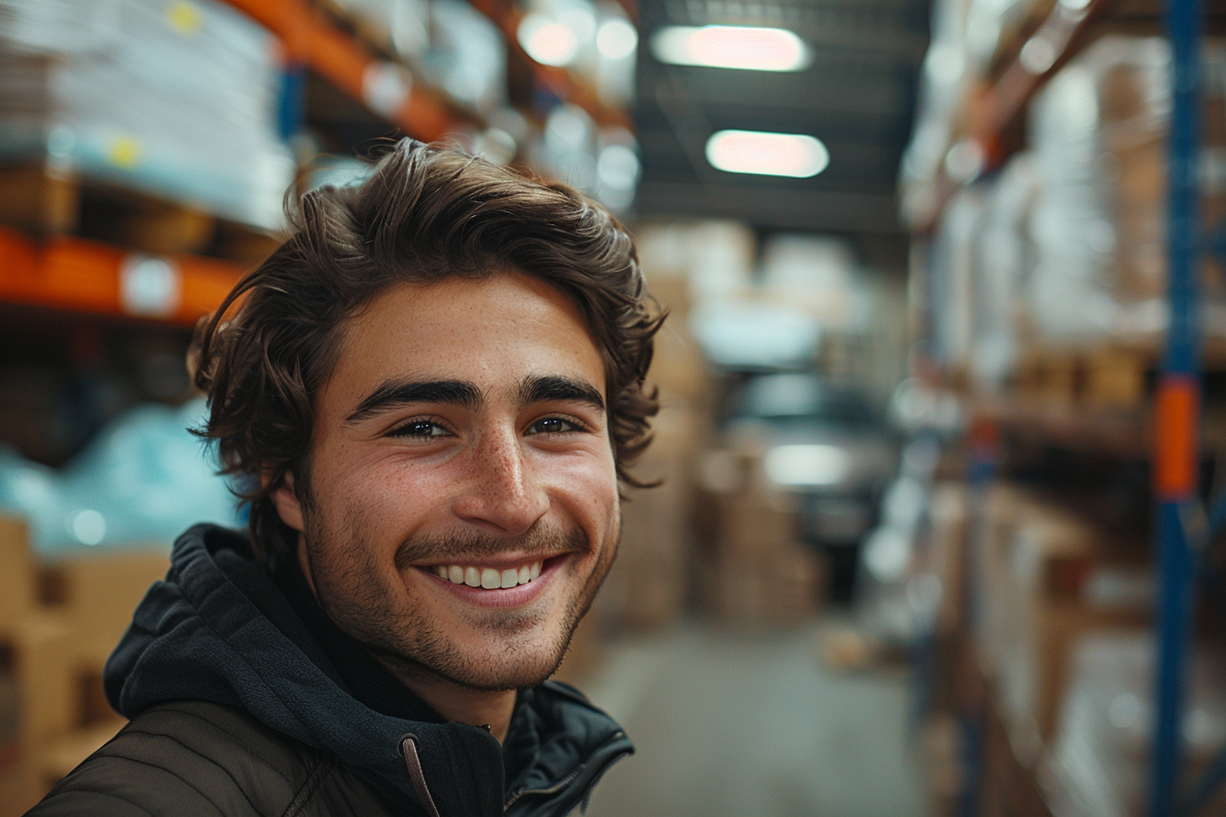 man smiling in warehouse with boxes and car