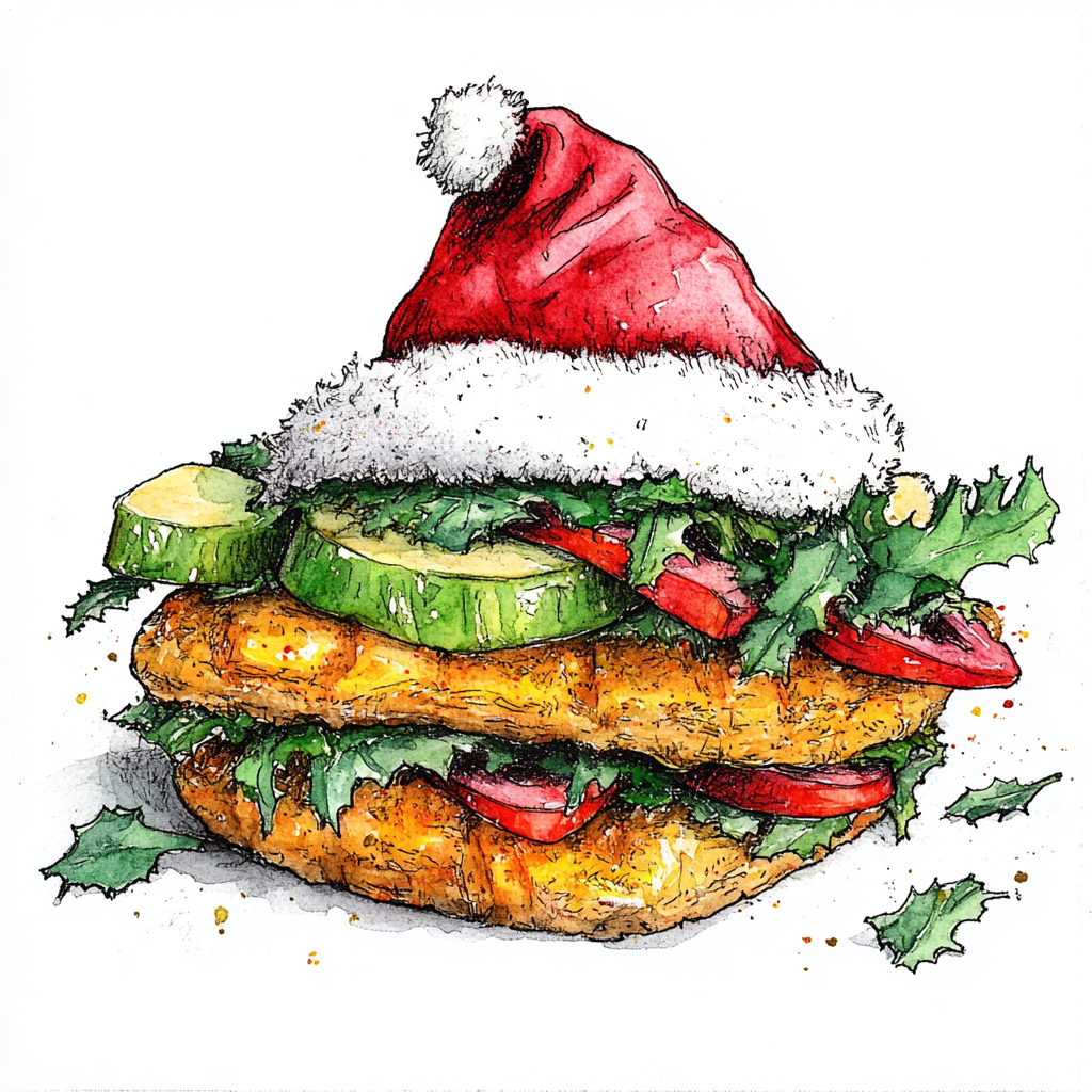 water color illustration and line art ink drawing Chrisma hat falafel