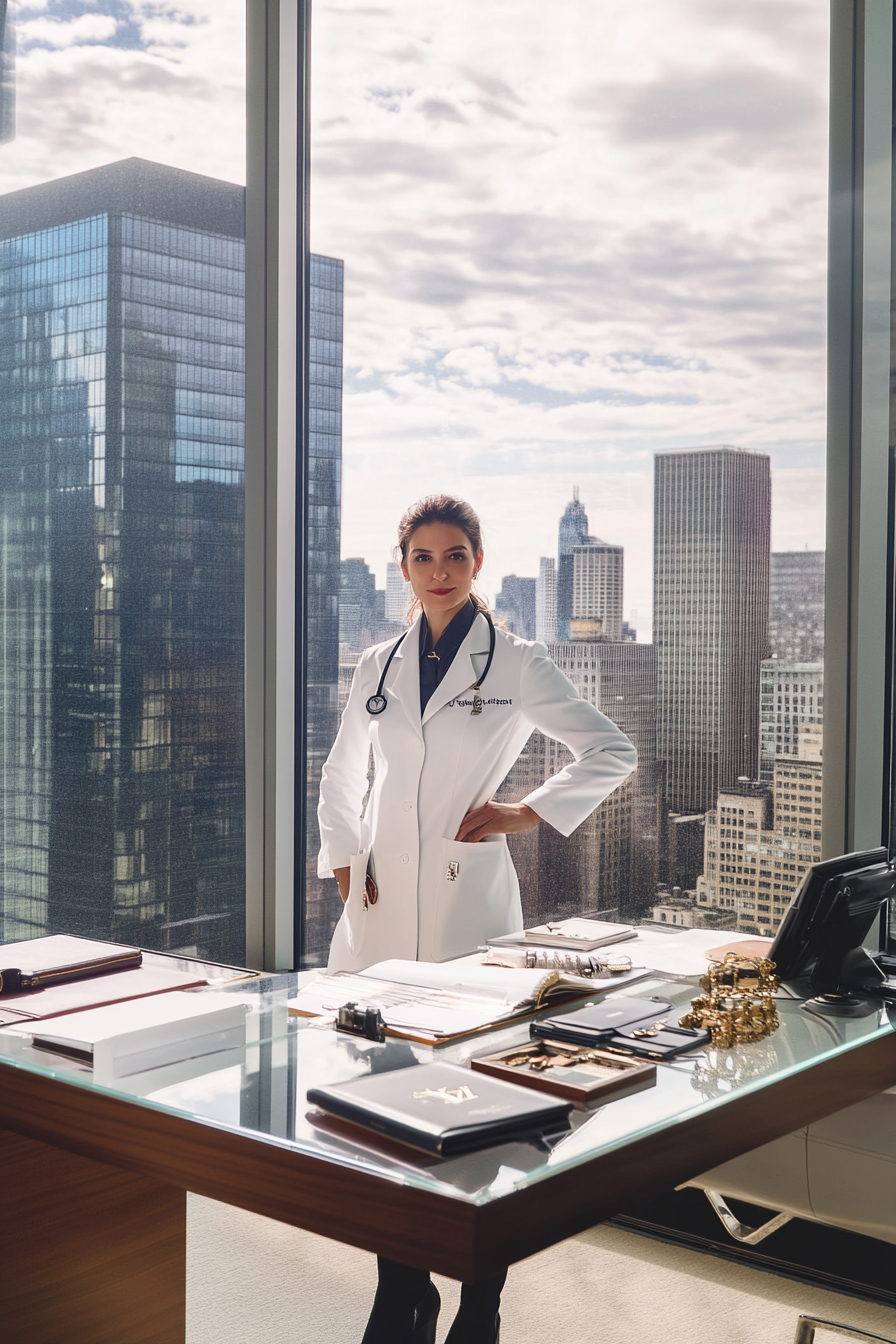 wealthy female doctor in upscale office with luxury items