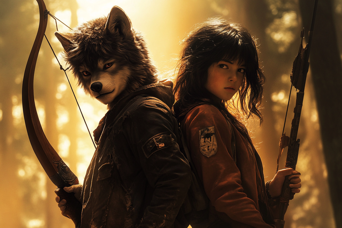 werewolf boy and girl with crossbow in forest.