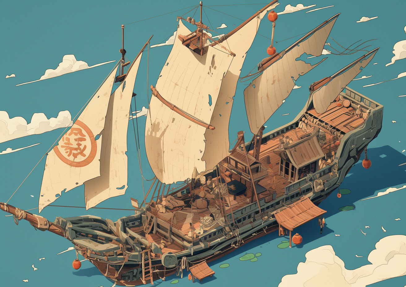 Whimsical Japanese Pirate Ship Cartoon