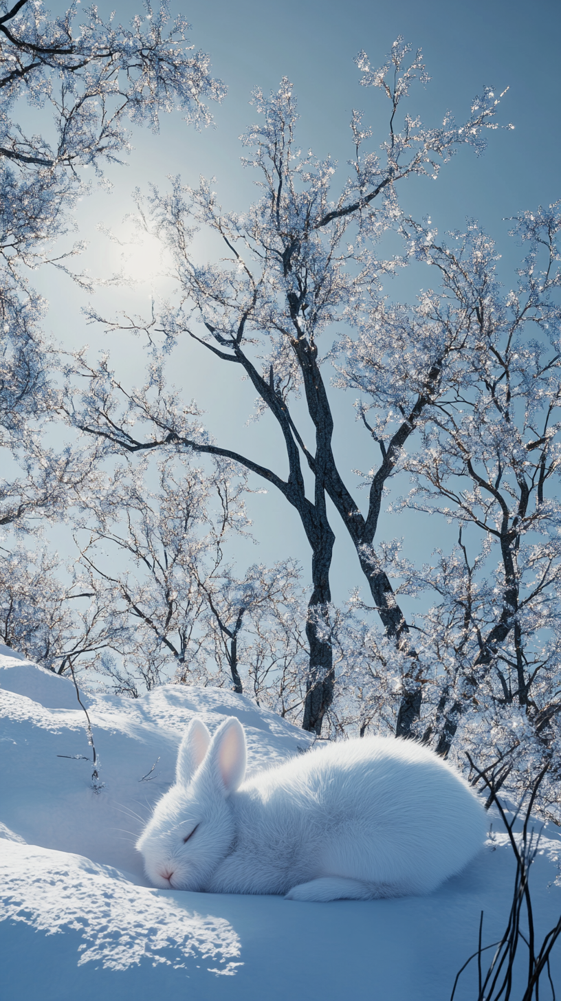 Rabbit sleeping in snowy landscape