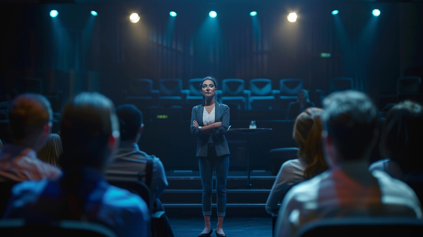 wide shot of entrepreneur pitching business idea onstage.