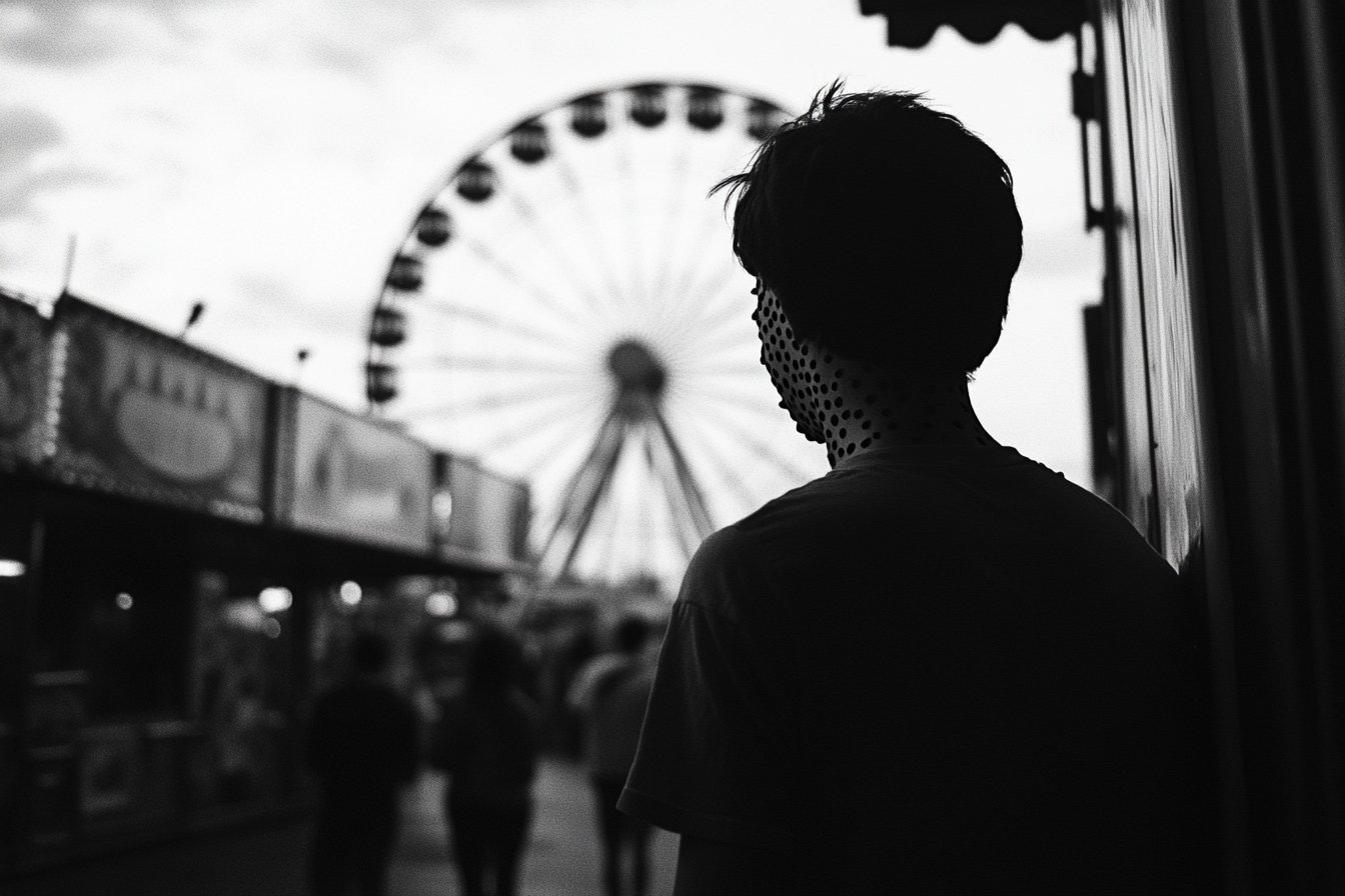 Man in corner at amusement park