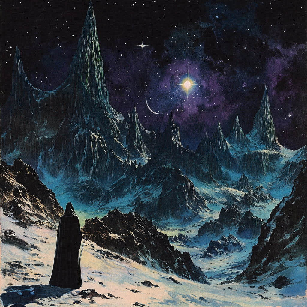 wizard admiring stunning mountain night